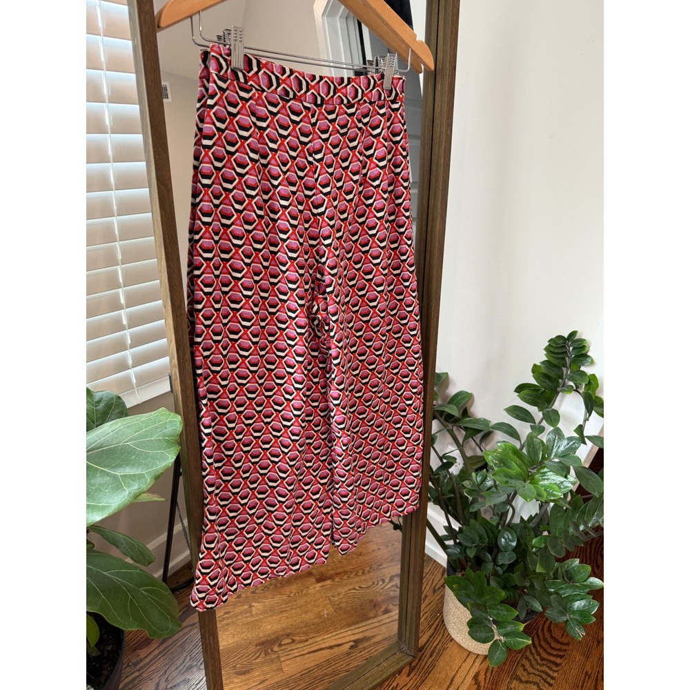 Stradivarius Geometric Print Wide Leg Pants Red Pink Black Size S Lien Blend EUC